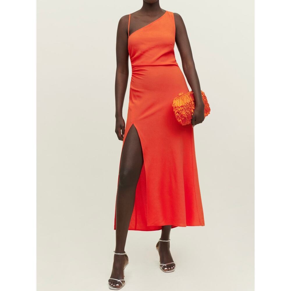 Reformation Orange One-Shoulder Slit Midi Dress